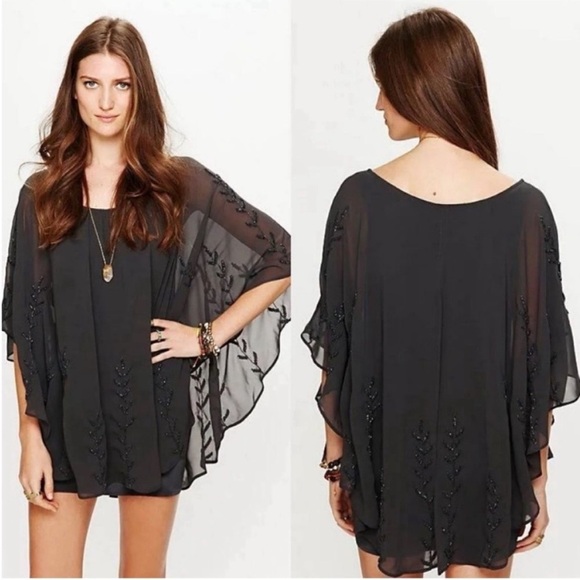 Free People Beaded Mini Pointed Cape Dress Grey - Picture 10 of 10